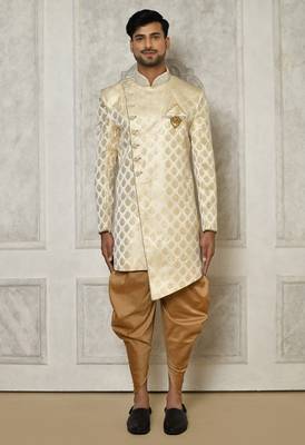 Cream dupion arts silk anghrakha design with hand work on collar and buttons indo western 1