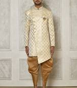 Cream dupion arts silk anghrakha design with hand work on collar and buttons indo western