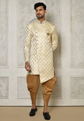 Cream dupion arts silk anghrakha design with hand work on collar and buttons indo western 2