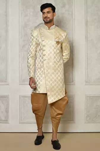 Cream dupion arts silk anghrakha design with hand work on collar and buttons indo western