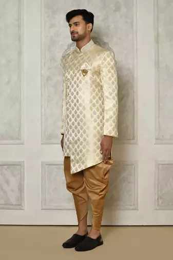 Cream dupion arts silk anghrakha design with hand work on collar and buttons indo western