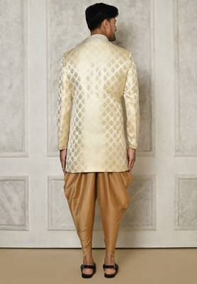 Cream dupion arts silk anghrakha design with hand work on collar and buttons indo western 4