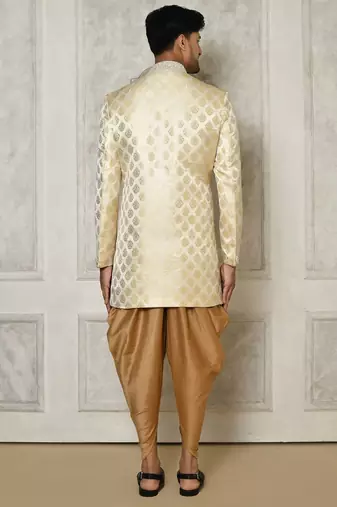 Cream dupion arts silk anghrakha design with hand work on collar and buttons indo western