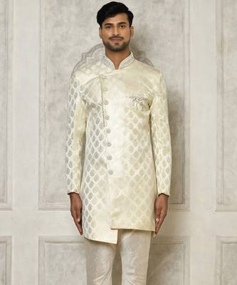 Ivory dupion arts silk anghrakha design with hand work on collar and buttons indo western 1