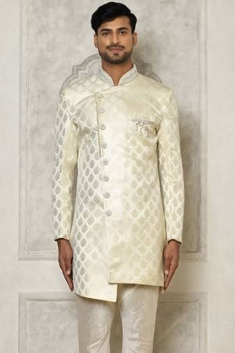 Ivory dupion arts silk anghrakha design with hand work on collar and buttons indo western
