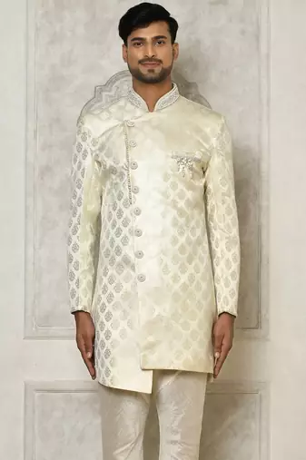 Ivory dupion arts silk anghrakha design with hand work on collar and buttons indo western