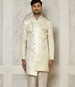 Ivory dupion arts silk anghrakha design with hand work on collar and buttons indo western