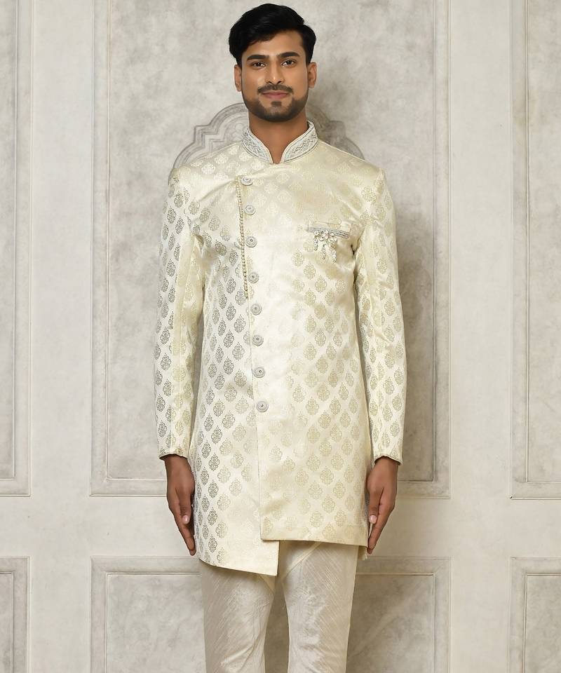 Ivory dupion arts silk anghrakha design with hand work on collar and buttons indo western