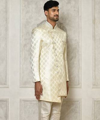 Ivory dupion arts silk anghrakha design with hand work on collar and buttons indo western 2