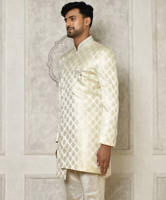 Ivory dupion arts silk anghrakha design with hand work on collar and buttons indo western 3