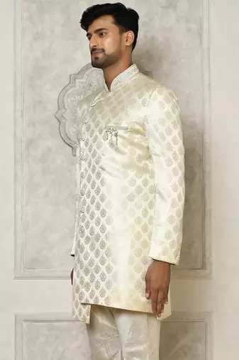 Ivory dupion arts silk anghrakha design with hand work on collar and buttons indo western