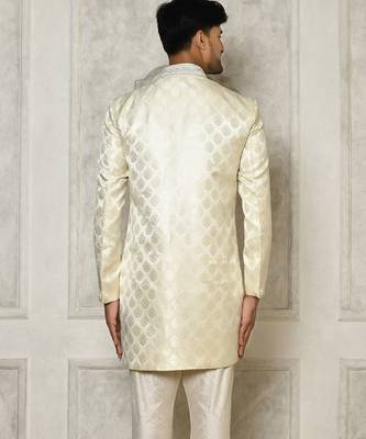 Ivory dupion arts silk anghrakha design with hand work on collar and buttons indo western 4