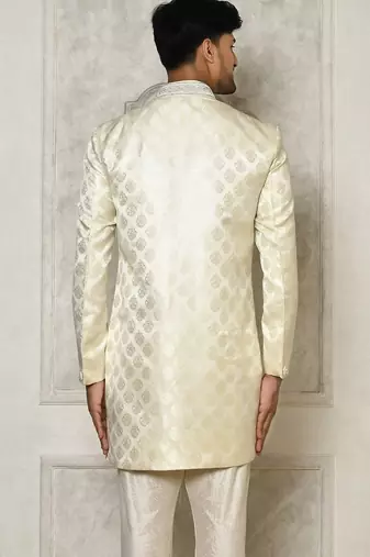 Ivory dupion arts silk anghrakha design with hand work on collar and buttons indo western