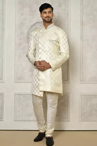 Ivory dupion arts silk anghrakha design with hand work on collar and buttons indo western