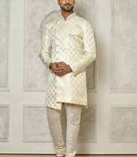 Ivory dupion arts silk anghrakha design with hand work on collar and buttons indo western