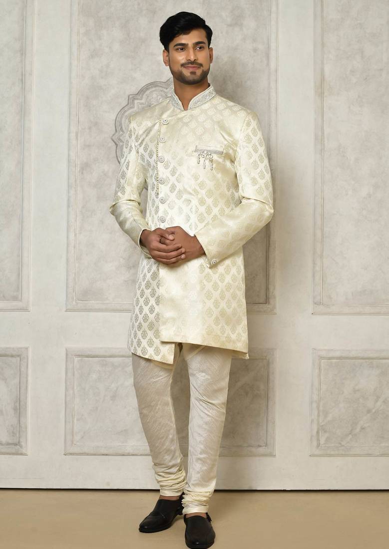 Ivory dupion arts silk anghrakha design with hand work on collar and buttons indo western