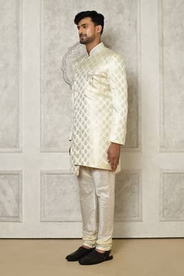 Ivory dupion arts silk anghrakha design with hand work on collar and buttons indo western 2