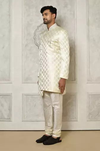 Ivory dupion arts silk anghrakha design with hand work on collar and buttons indo western