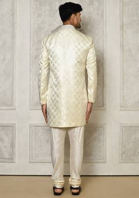 Ivory dupion arts silk anghrakha design with hand work on collar and buttons indo western 3