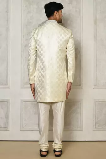 Ivory dupion arts silk anghrakha design with hand work on collar and buttons indo western