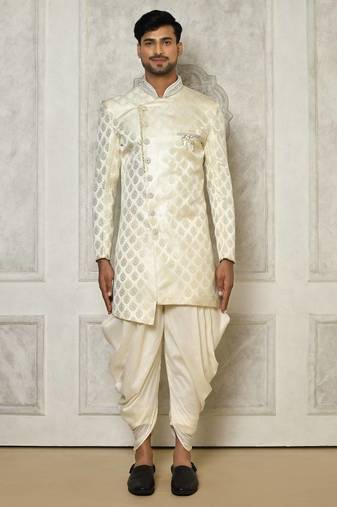 Ivory dupion arts silk anghrakha design with hand work on collar and buttons indo western