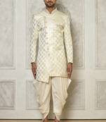 Ivory dupion arts silk anghrakha design with hand work on collar and buttons indo western