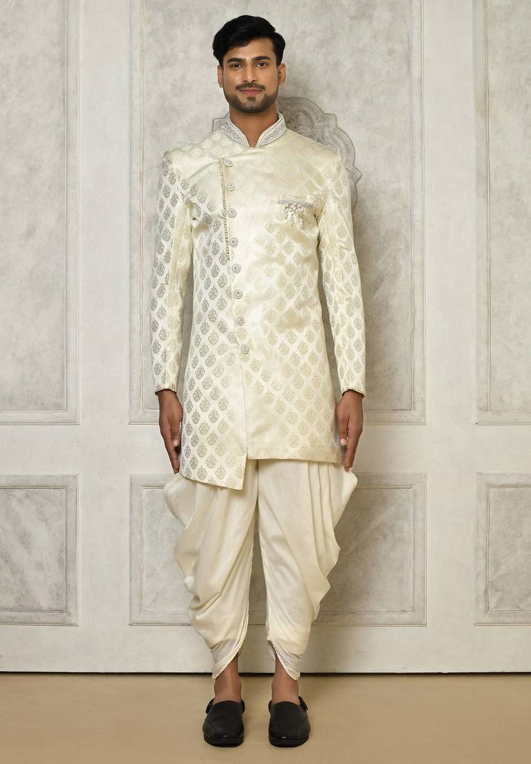 Ivory dupion arts silk anghrakha design with hand work on collar and buttons indo western