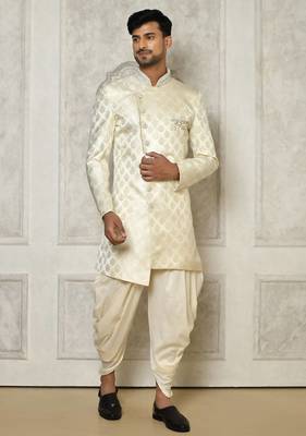 Ivory dupion arts silk anghrakha design with hand work on collar and buttons indo western 2