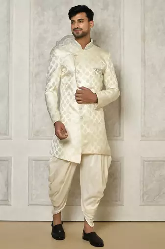 Ivory dupion arts silk anghrakha design with hand work on collar and buttons indo western