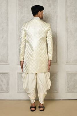 Ivory dupion arts silk anghrakha design with hand work on collar and buttons indo western 3