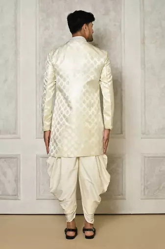 Ivory dupion arts silk anghrakha design with hand work on collar and buttons indo western