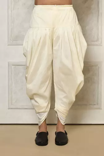 Ivory dupion arts silk anghrakha design with hand work on collar and buttons indo western