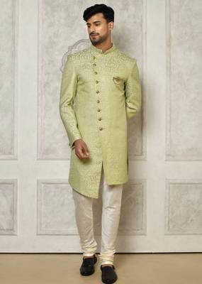 Olive green anghrakha pattern work indo western 1