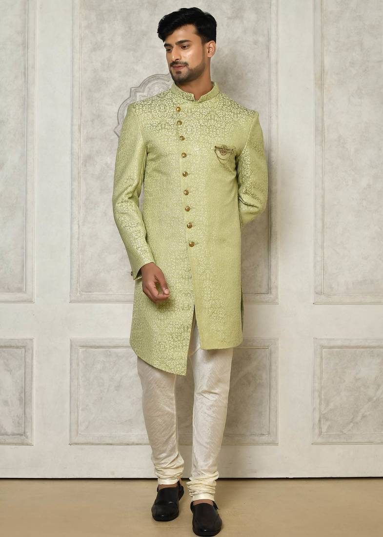 Olive green anghrakha pattern work indo western