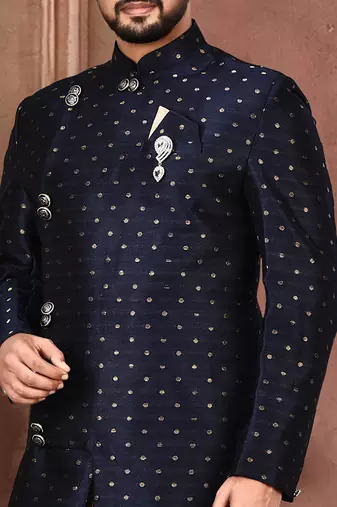 Navy blue anghrakha pattern work indo western