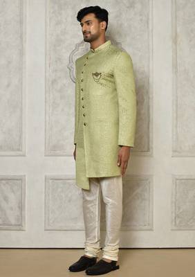 Olive green anghrakha pattern work indo western 3