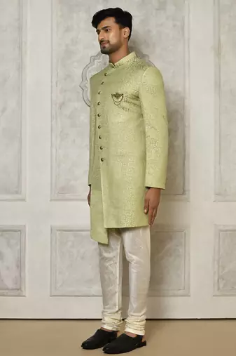 Olive green anghrakha pattern work indo western
