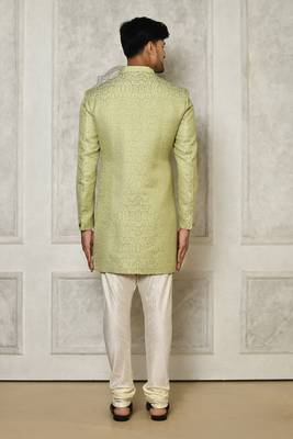 Olive green anghrakha pattern work indo western 4
