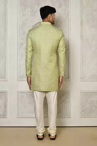 Olive green anghrakha pattern work indo western