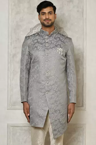 Grey anghrakha pattern work indo western