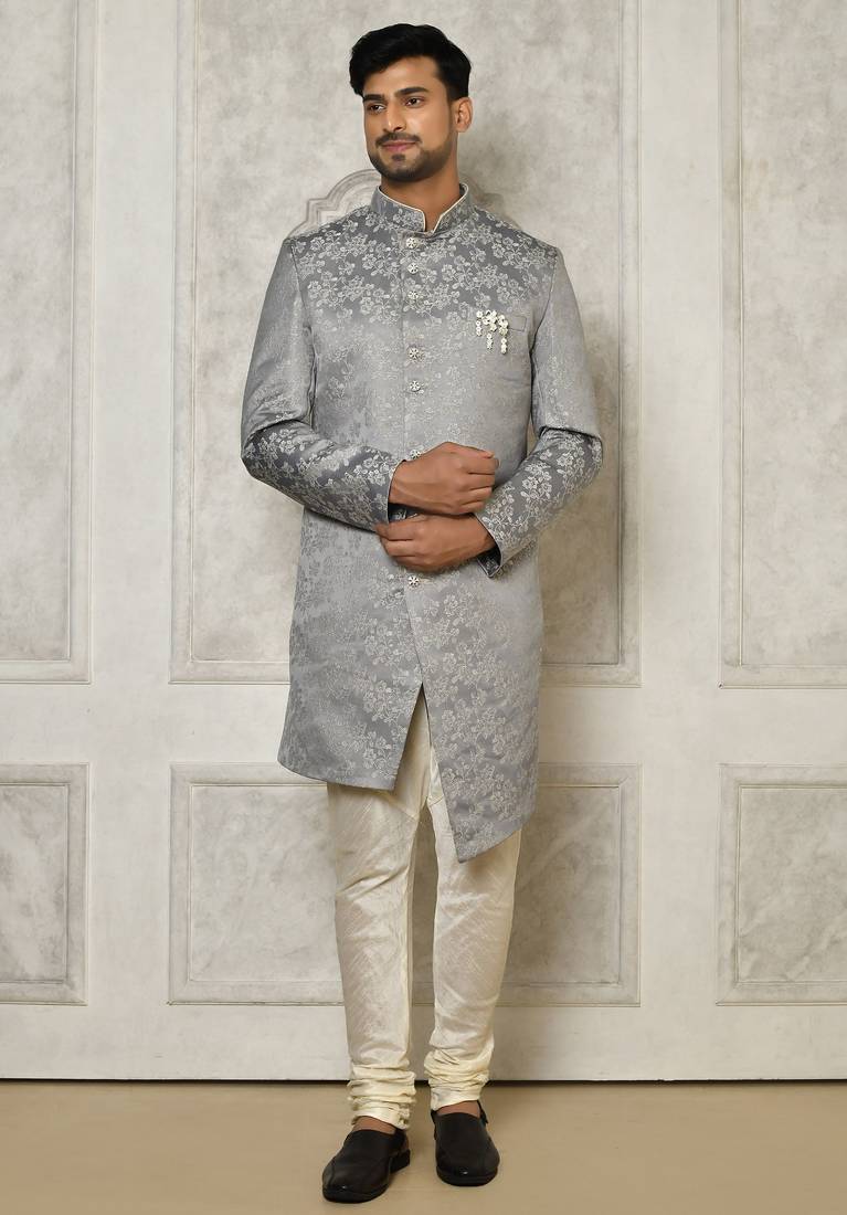 Grey anghrakha pattern work indo western
