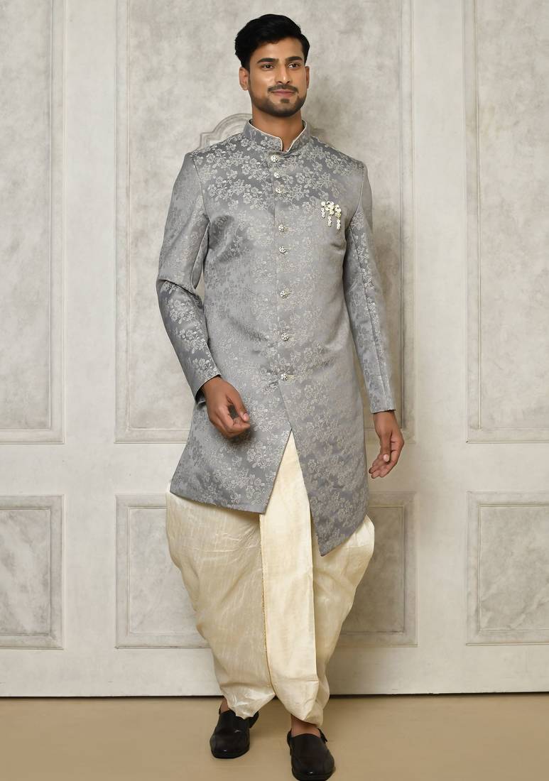 Grey anghrakha pattern work indo western