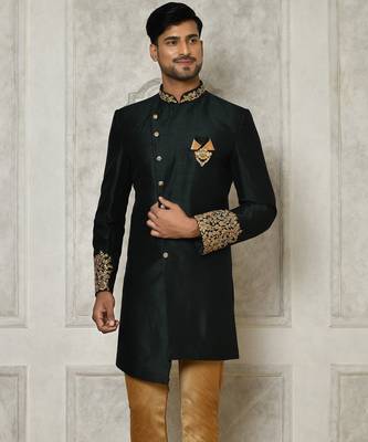 Bottle green dupion arts silk anghrakha design with hand work on collar and buttons indo western 2