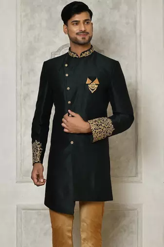Bottle green dupion arts silk anghrakha design with hand work on collar and buttons indo western