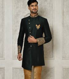 Bottle green dupion arts silk anghrakha design with hand work on collar and buttons indo western