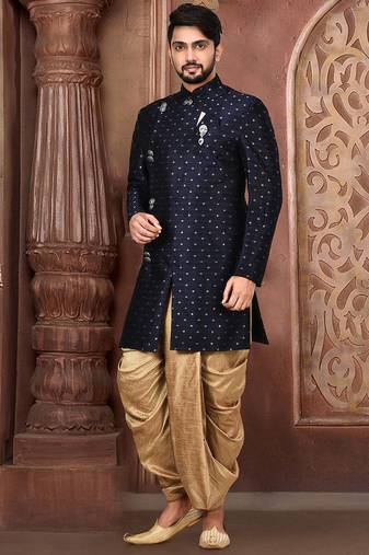 Navy blue anghrakha pattern work indo western