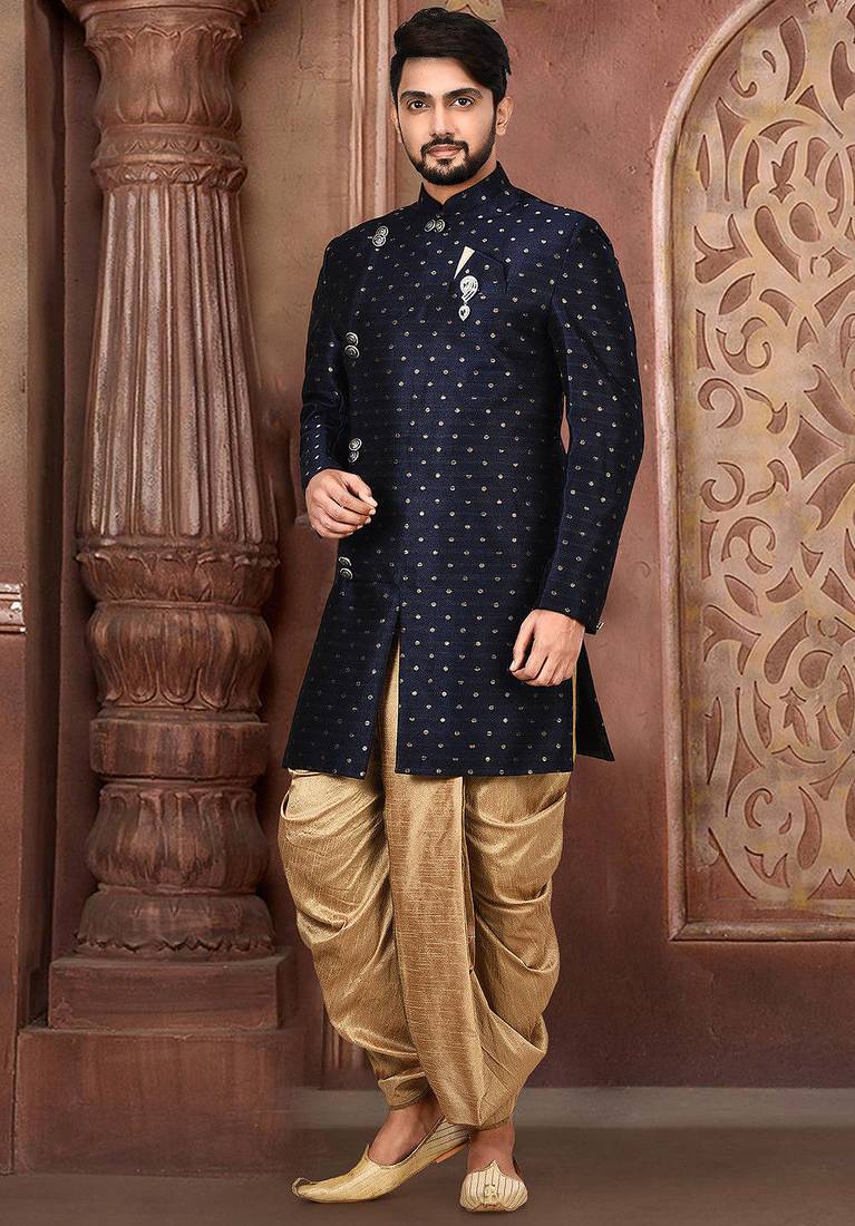 Navy blue anghrakha pattern work indo western