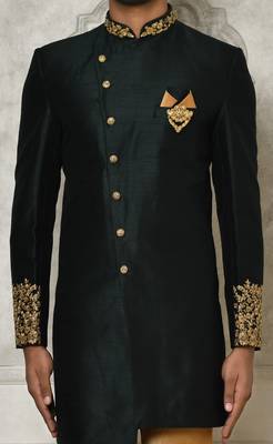 Bottle green dupion arts silk anghrakha design with hand work on collar and buttons indo western 3