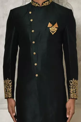 Bottle green dupion arts silk anghrakha design with hand work on collar and buttons indo western