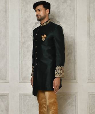 Bottle green dupion arts silk anghrakha design with hand work on collar and buttons indo western 4